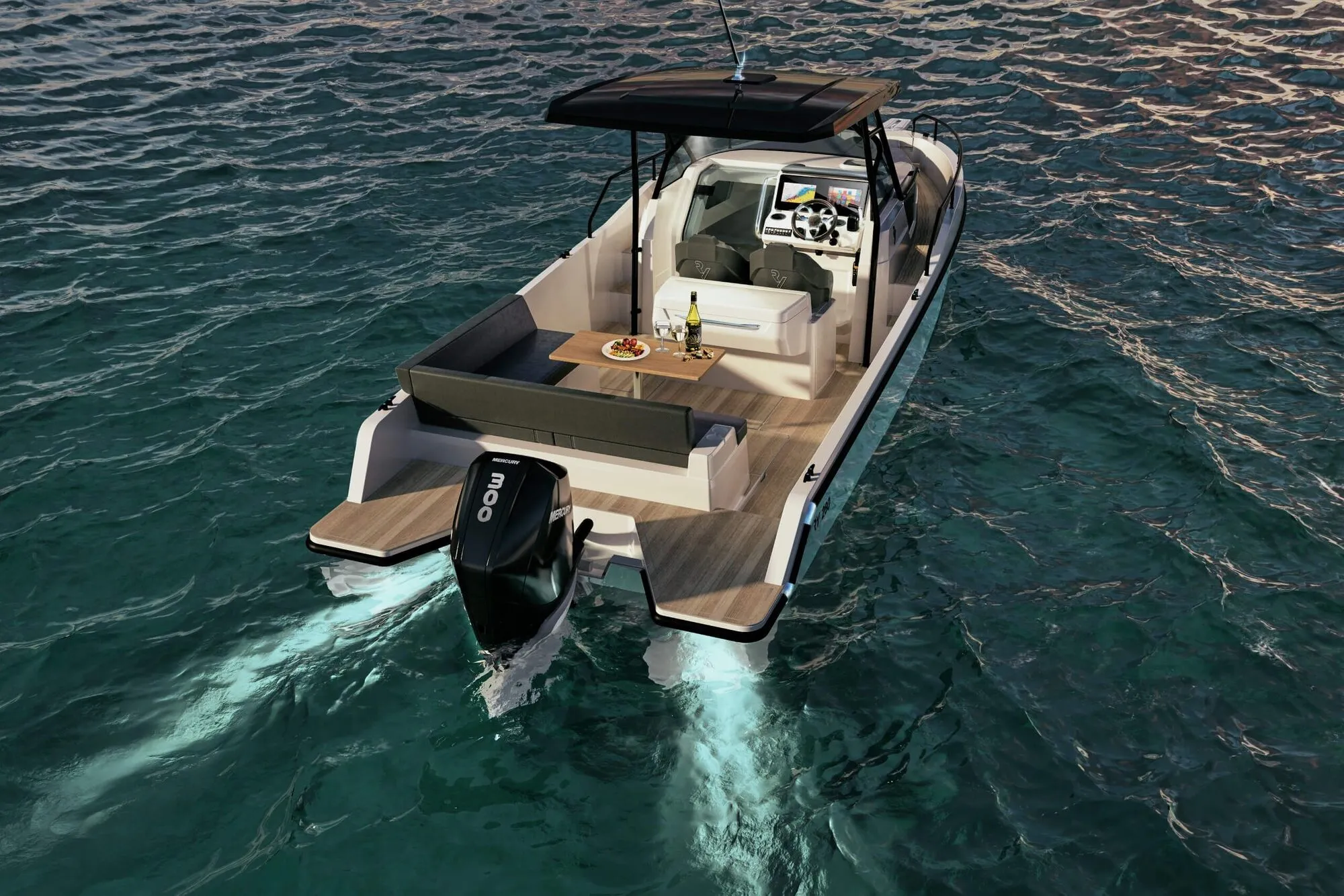 Aerial view of the Ryck 280 stern, with swim platforms, table and outboard engine